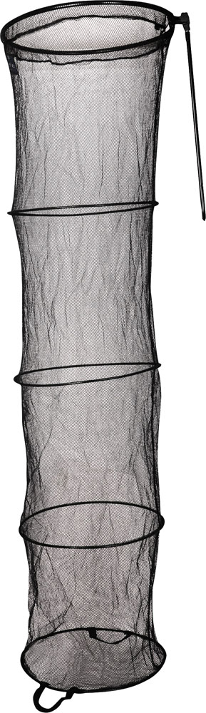 Keepnet that holds a lot of fish and takes up little space thanks to its tunnel shape that folds up. fastened to the ground with a peg