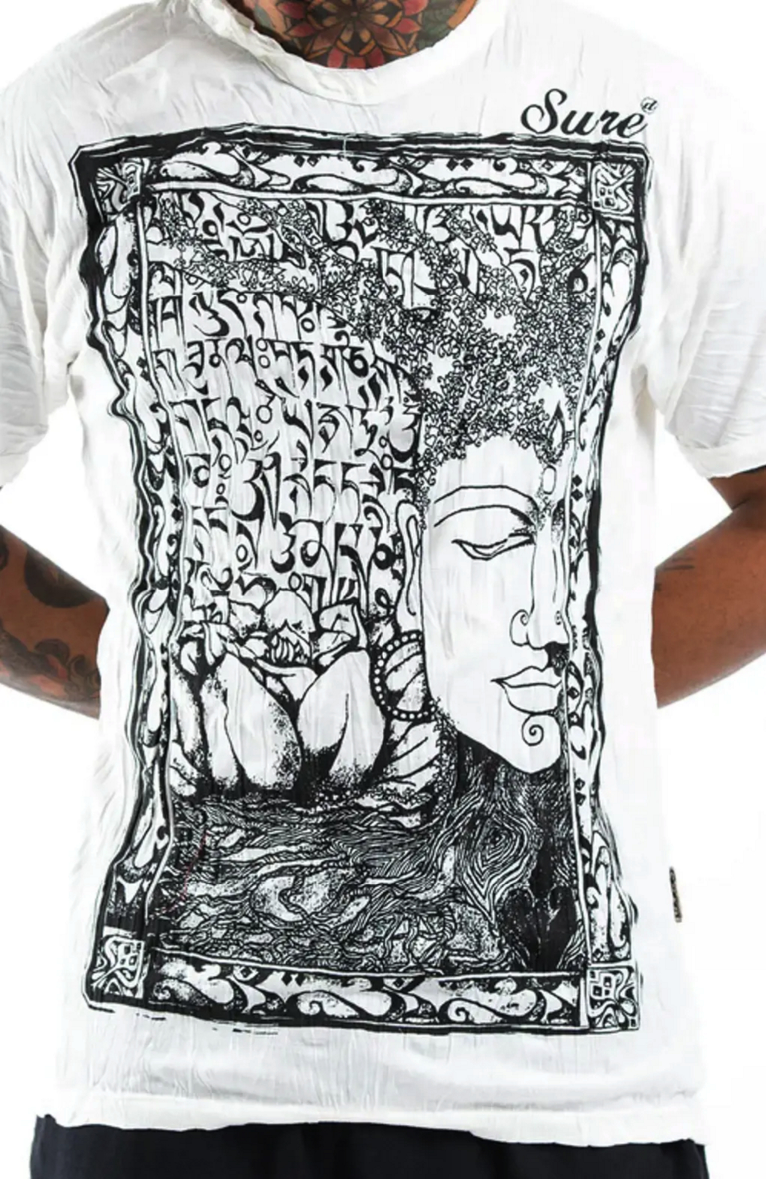 Sure T-shirt , Buddha med Sanskrit text, Vit