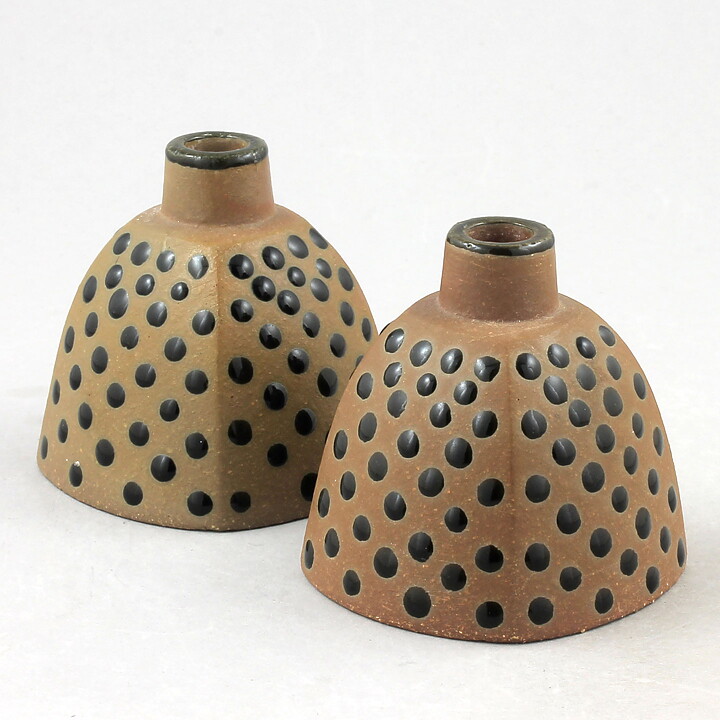Karin Björquist (Prunella 1950s) Two Brown Candleholders Vase with Dot Decor 7,5 cm