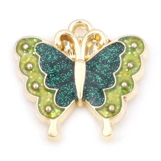 Charm -  Enameld butterfly, green  glitter