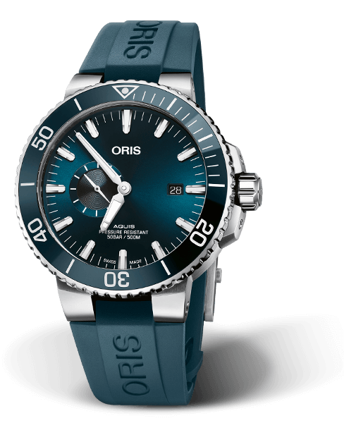 Oris Aquis Small Second, Date 45,5 blå gummi band