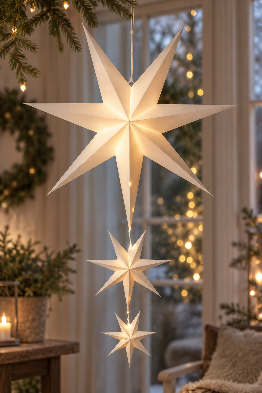 Star - Advent star - White - Triple - 3-set with timer - Battery operated - 6