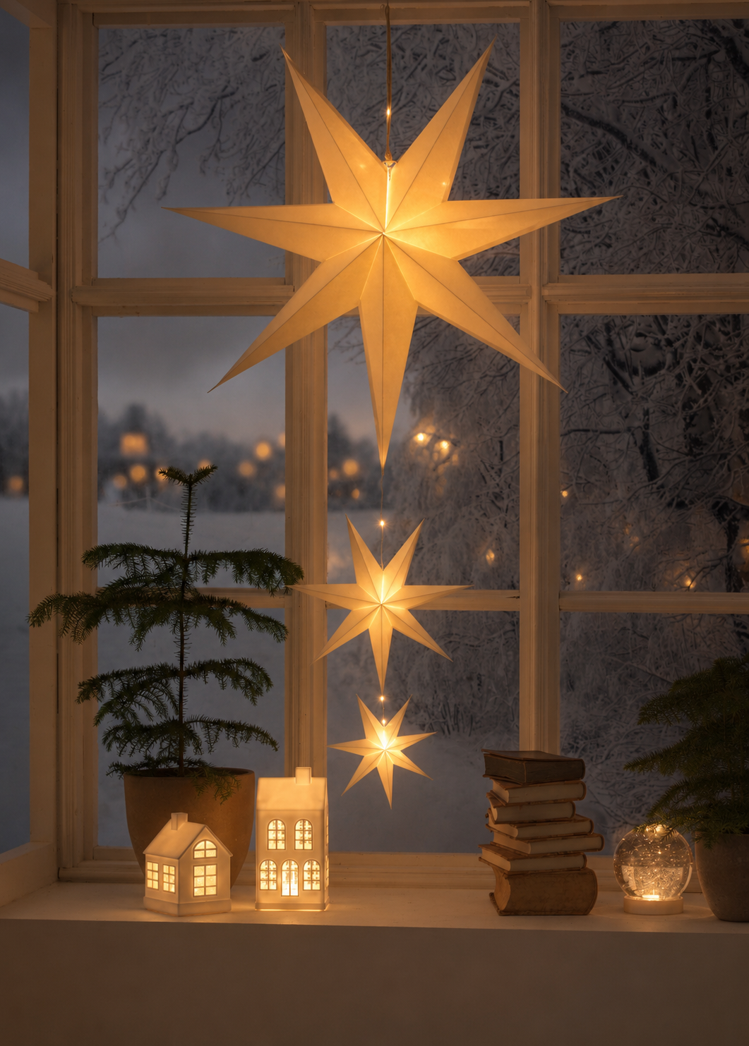 Stjärna - Adventsstjärna - Vit - Trippel - 3-set med timer - Batteridriven