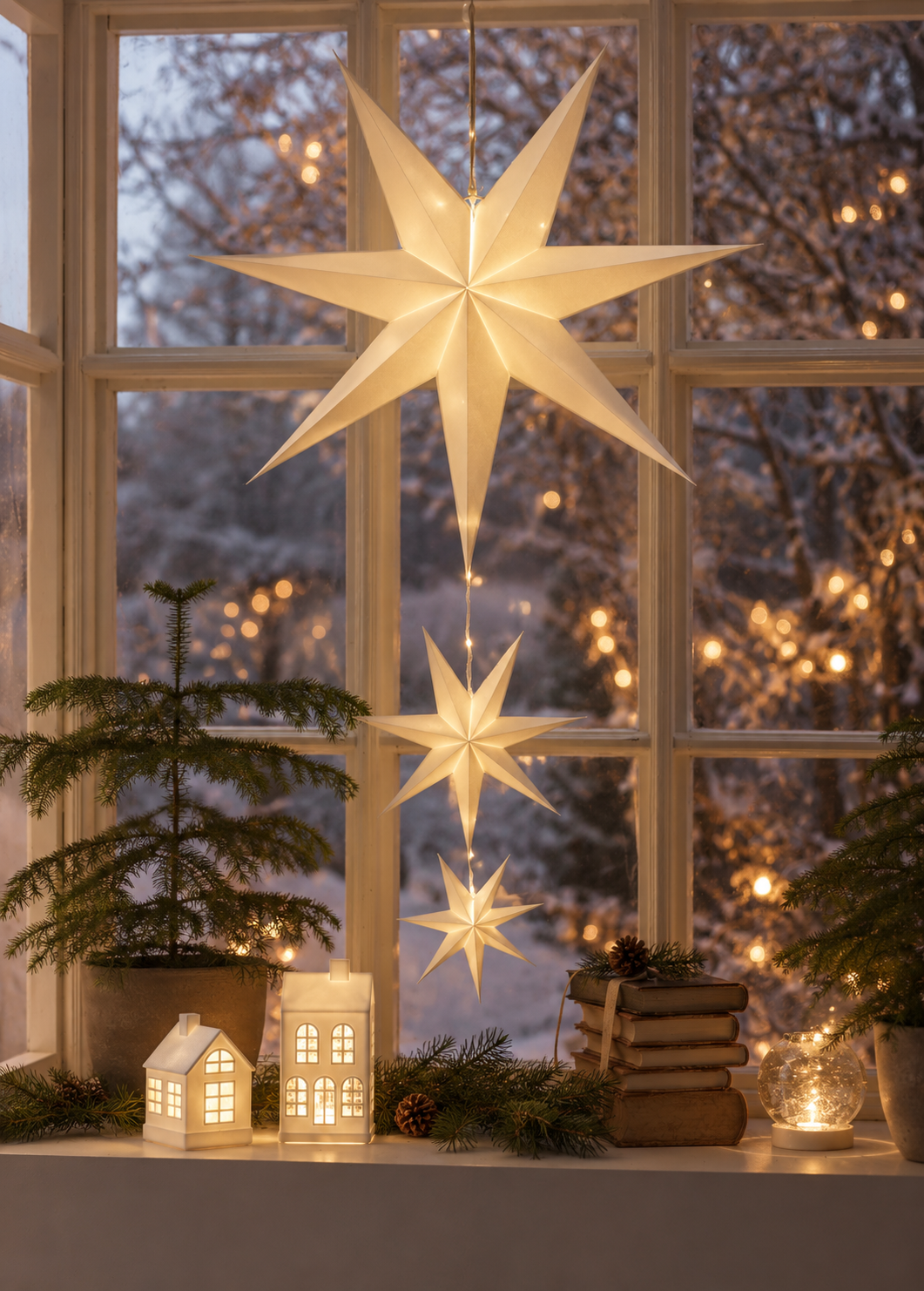 Star - Advent star - White - Triple - 3-set with timer - Battery operated - 5