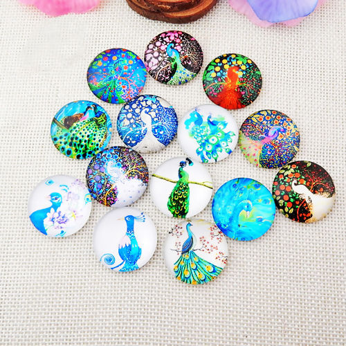 Cabochon i glas - Rund 12mm, Påfågel mix