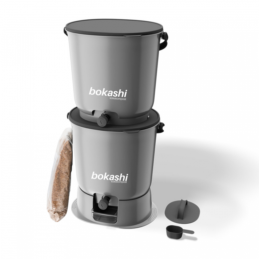 Bokashi startkit grey with 2 buckets and 1 kg bedding material for kitchen waste