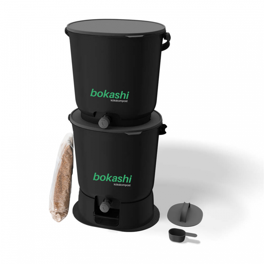 Bokashi startkit svart med 2st kranhinkar med bas + 1 kg bokashiströ
