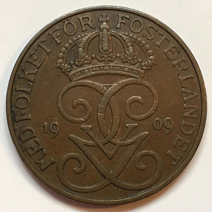5 öre 1909 stort kors 1/1+