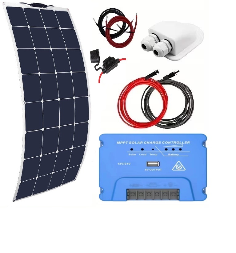 Solpanelspaket med 150W flexibel solpanel och 15A MPPT regulator, husbil - husvagn - båt