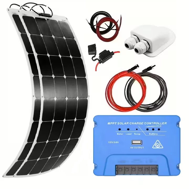 Solpanelspaket 300W med 2 st. 150W flexibel solpanel och 20A MPPT regulator, husbil - husvagn - båt