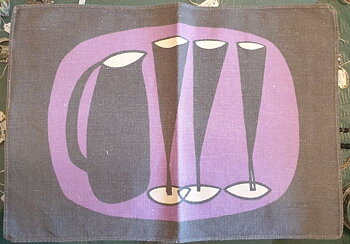 Tray linen textile print gray purple jug with glass 1950s
