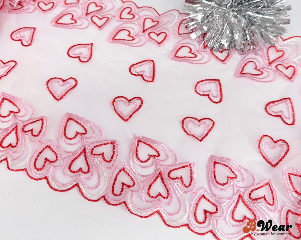 Non-stretch lace in white with pink hearts - 22 cm - 2