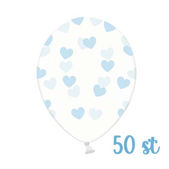 Ballonger - Transparenta med Ljusblå hjärtan (50-pack)