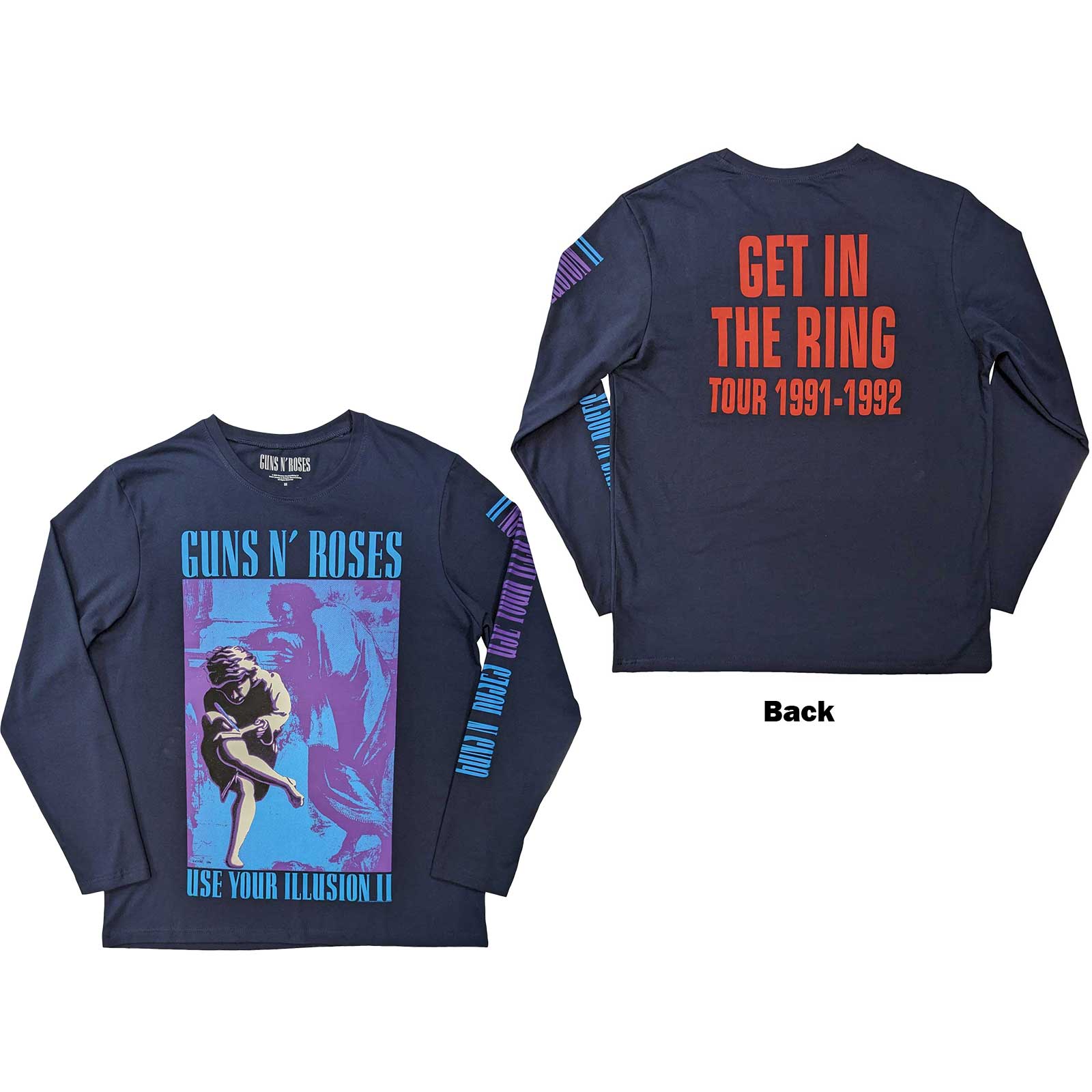 Guns N' Roses Unisex Long Sleeve T-Shirt: Get In The Ring Tour '91-'92 (Back & Sleeve Print) (Small)