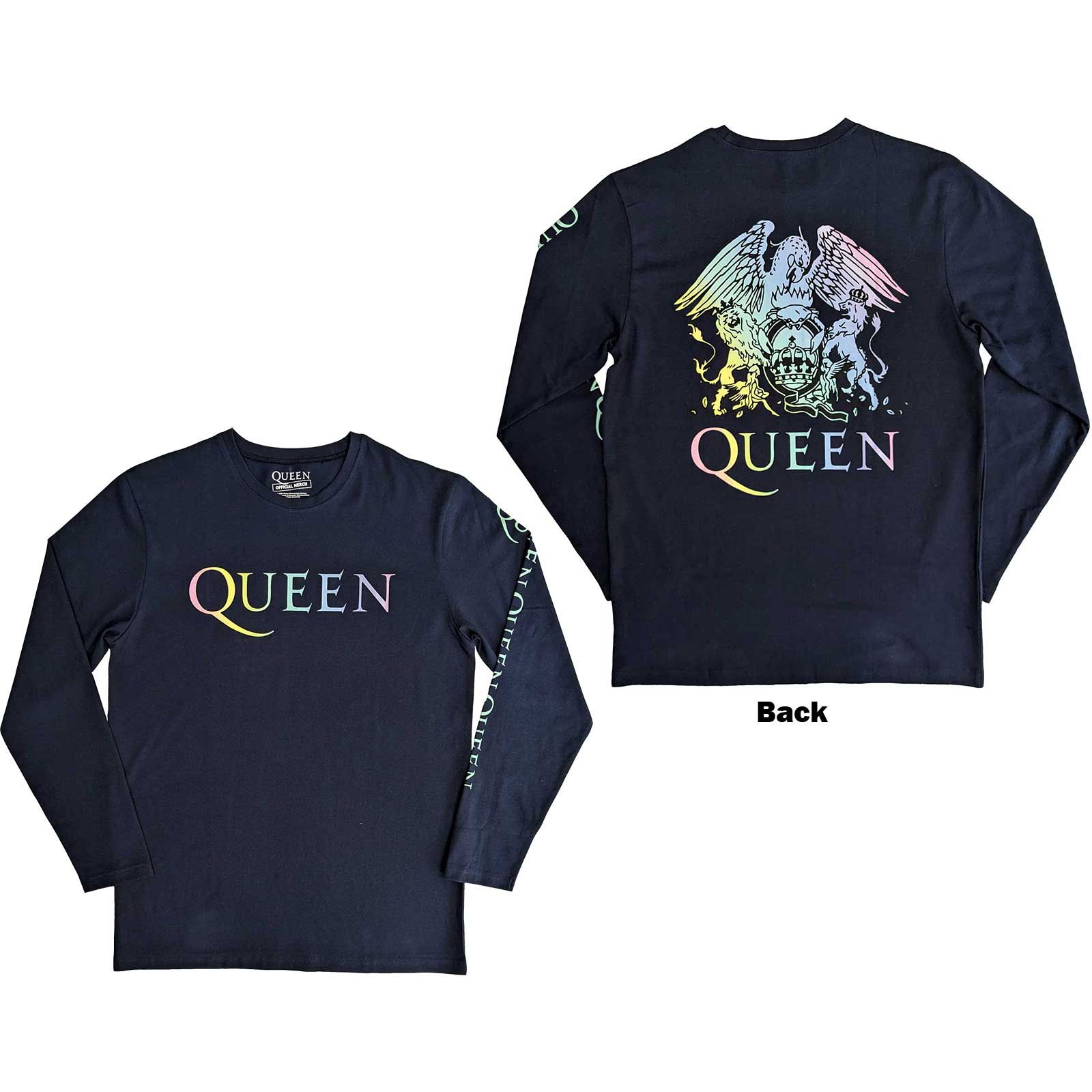 Queen Unisex Long Sleeve T-Shirt: Rainbow Crest (Back & Sleeve Print) (X-Large)