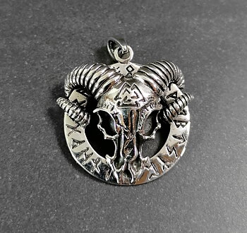 Skalle med valknut och runor - Hänge i Silver