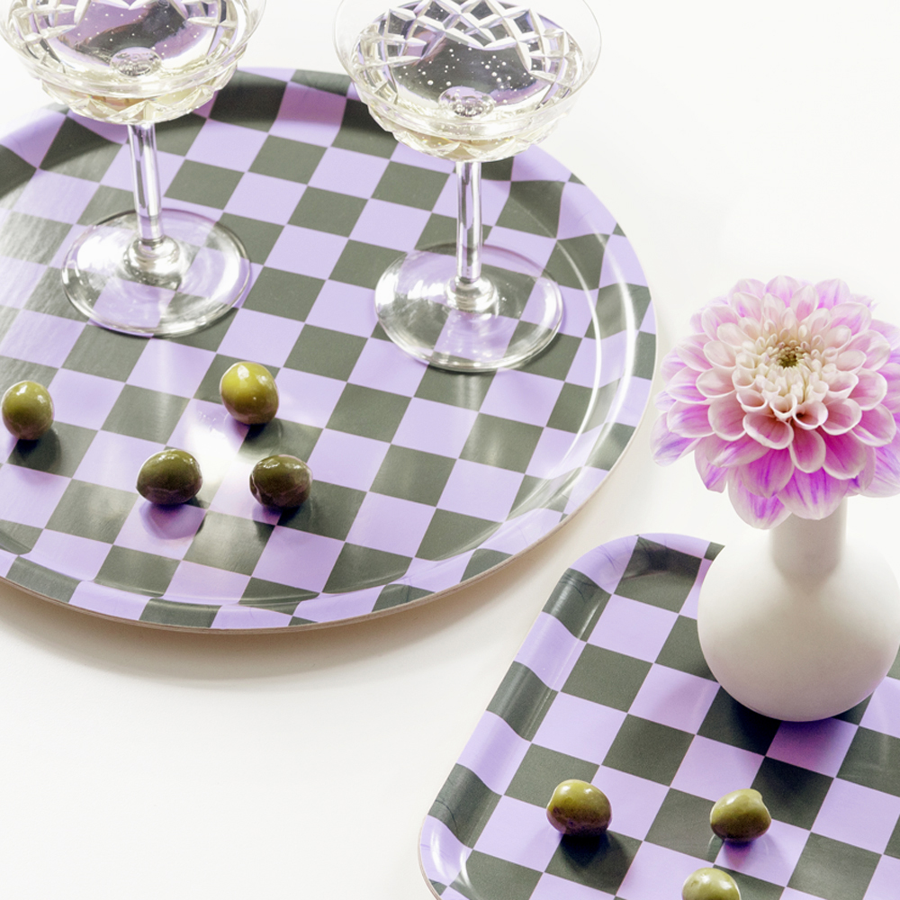 Lilac / Olive CHECKER Rund Bricka - 31 cm - 3