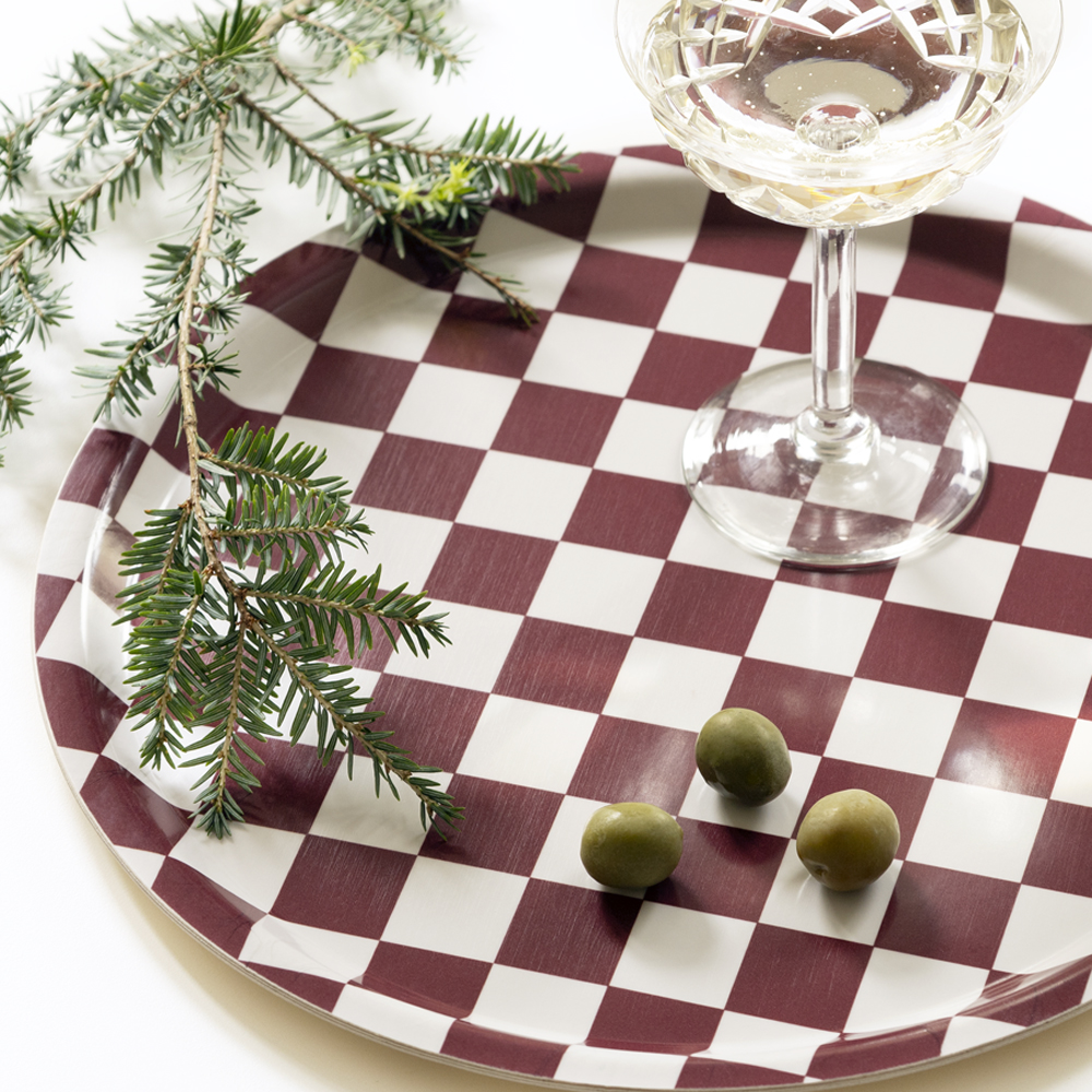 Burgundy / Cream CHECKER Rund Bricka - 31 cm - 2