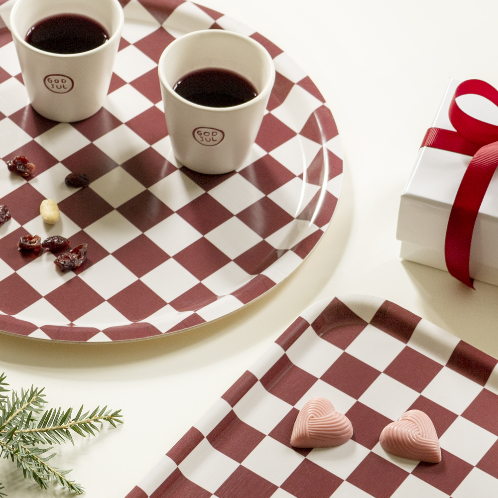Burgundy / Cream CHECKER Rund Bricka - 31 cm - 4