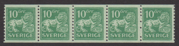 F 144Abz, 10 öre Stående lejon femstrip **