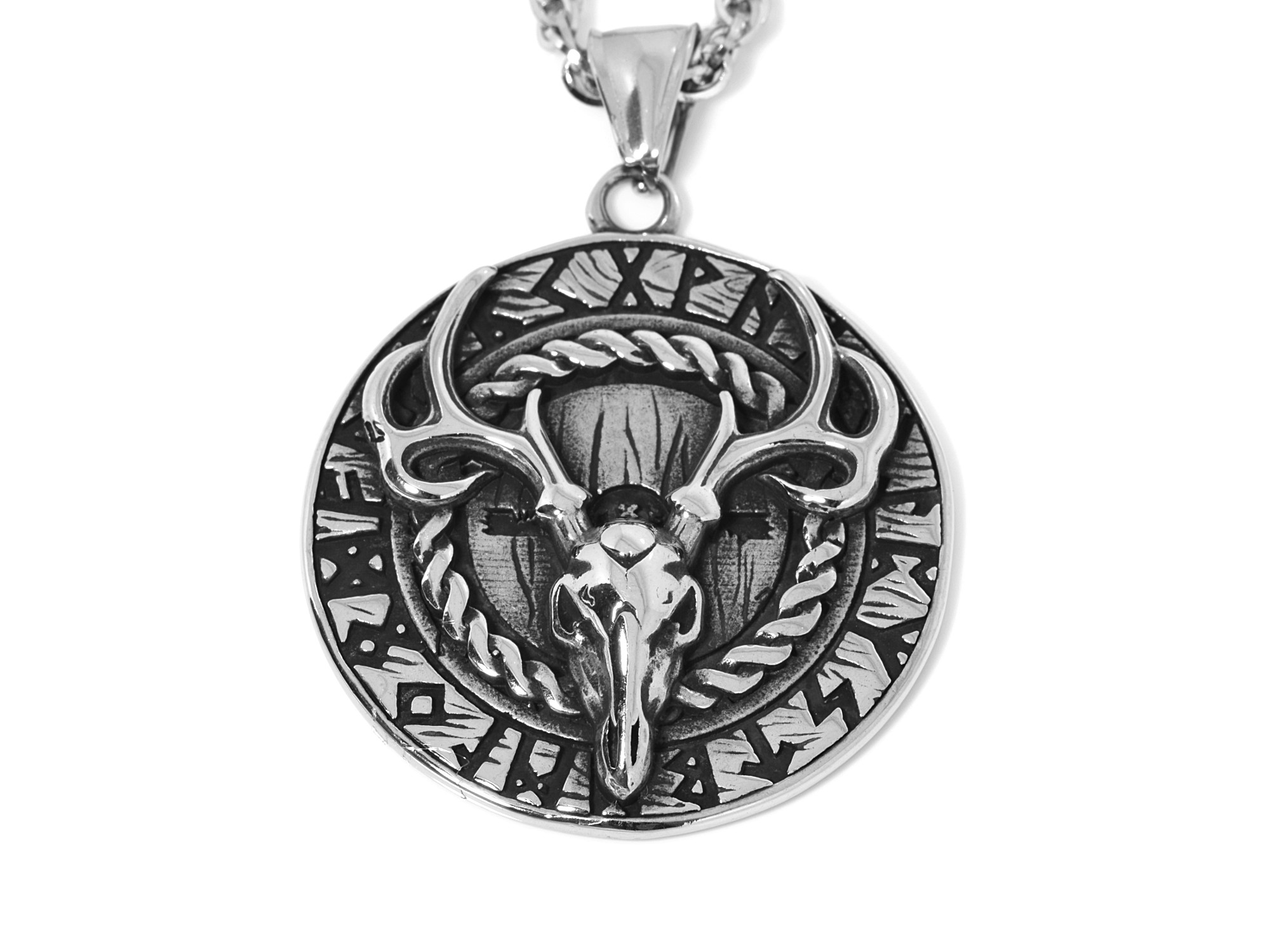 Hjortskalle Halsband i Rostfritt Stål, Runor Hänge, Futhark Accessoar, Viking Smycke - 2