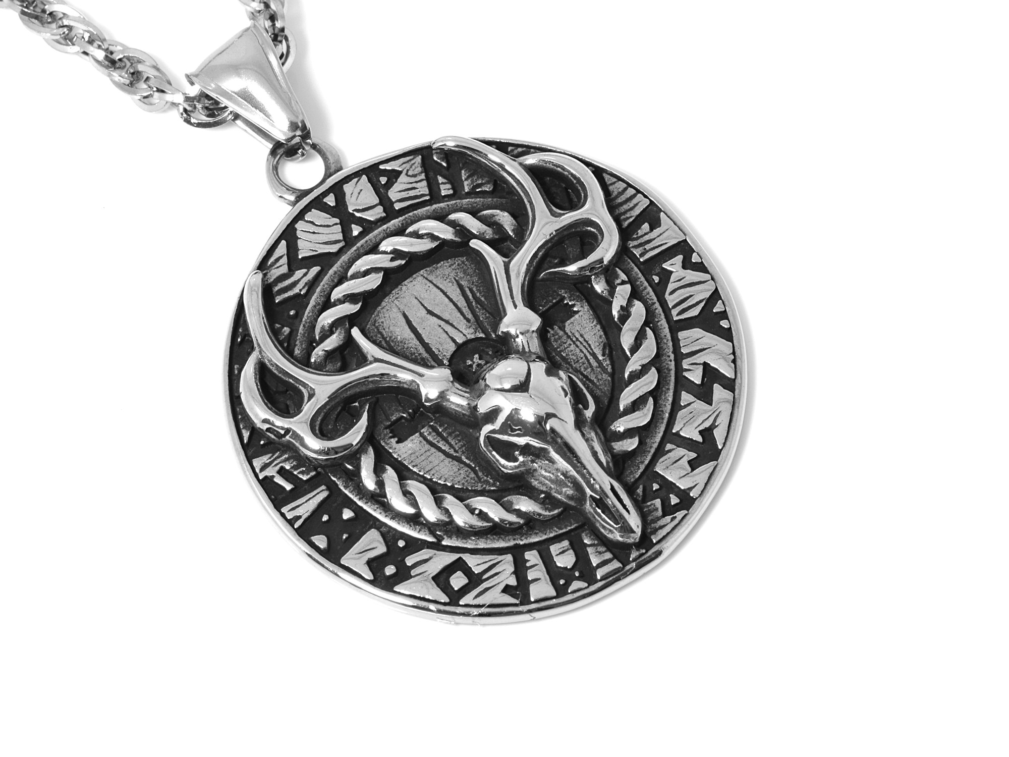 Hjortskalle Halsband i Rostfritt Stål, Runor Hänge, Futhark Accessoar, Viking Smycke