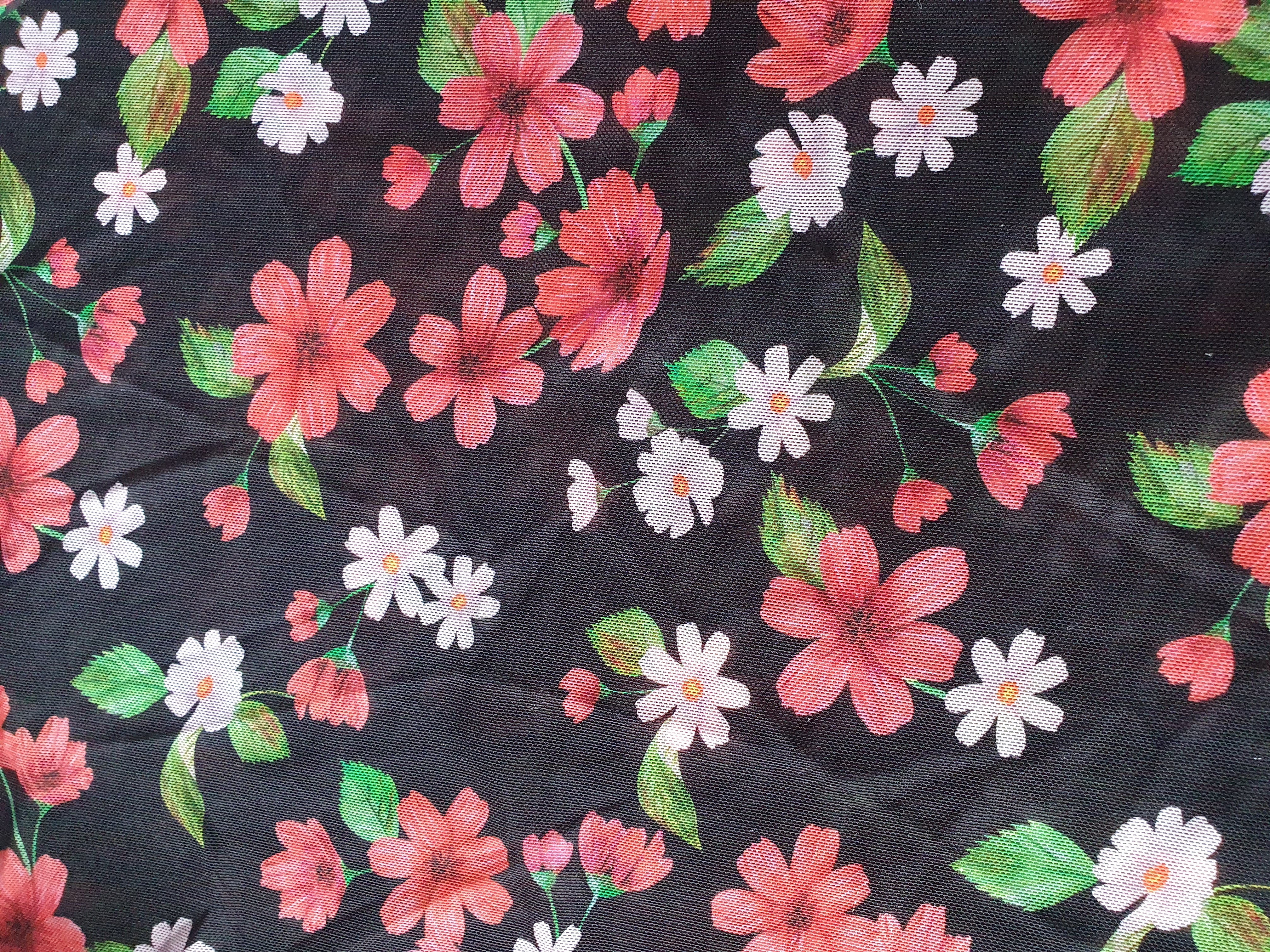 Stretch mesh in black with beautiful red flowers - 2