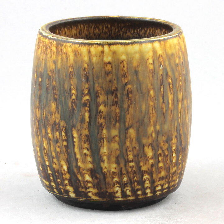 Gunnar Nylund (Birka 1965) Yellow/Brown Cylinder Vase 8,5 cm