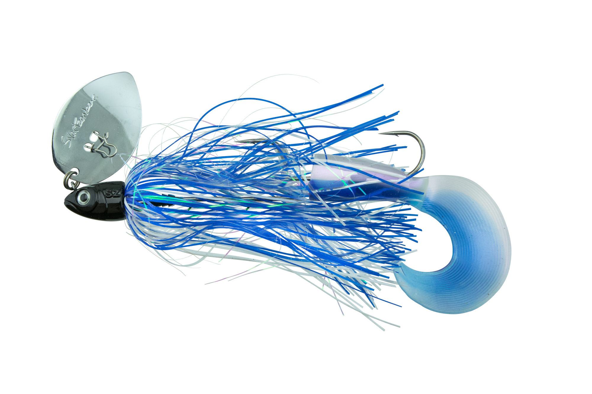 The svartzonker mc shaker pike is a large chatterbait for pike. The large spoon vibrates and knocks away the grass. blue silver