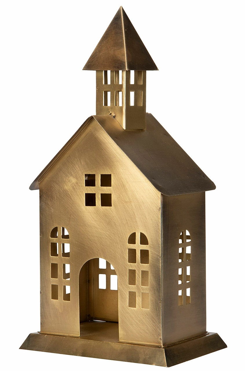 Kyrka Lykta - Plåthus - Antik Mässing - 10x14,5x31 cm - 2