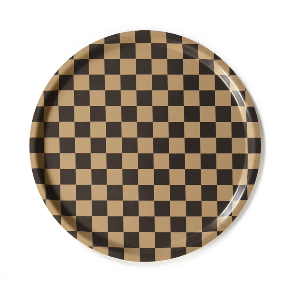 Chocolate / Gold CHECKER Round Serving Tray 38 cm Firefly