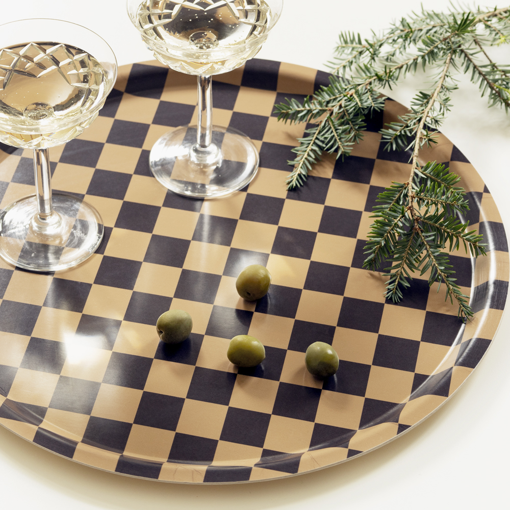 Chocolate / Gold CHECKER Round Serving Tray 38 cm Firefly