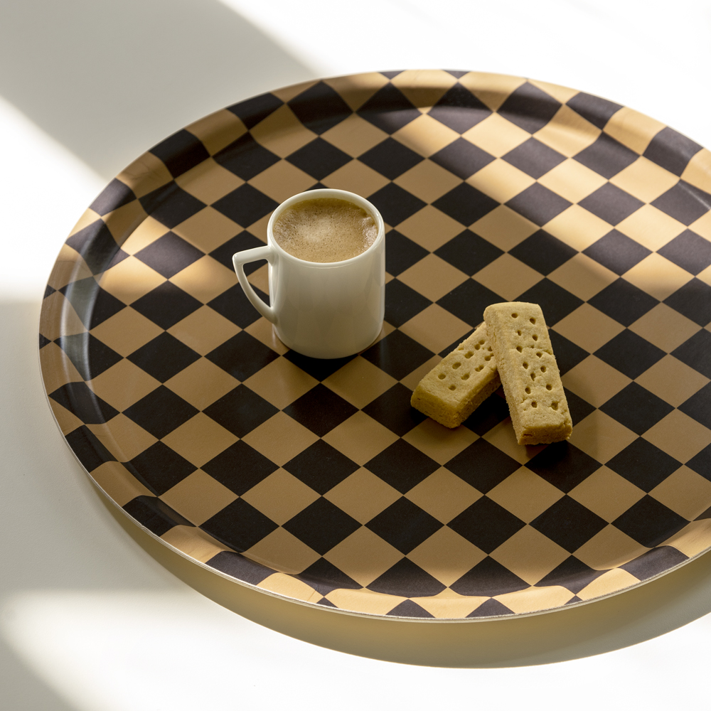 Chocolate / Gold CHECKER Round Serving Tray 38 cm Firefly