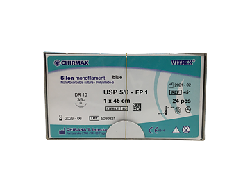 Silon suture 5-0, DR 10 mm needle, 45 cm blue