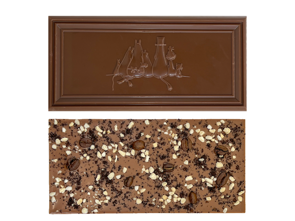 Organic Moomin Chocolate Moominpappa - Ljus choklad 41% med kaffe och krokant. - 2