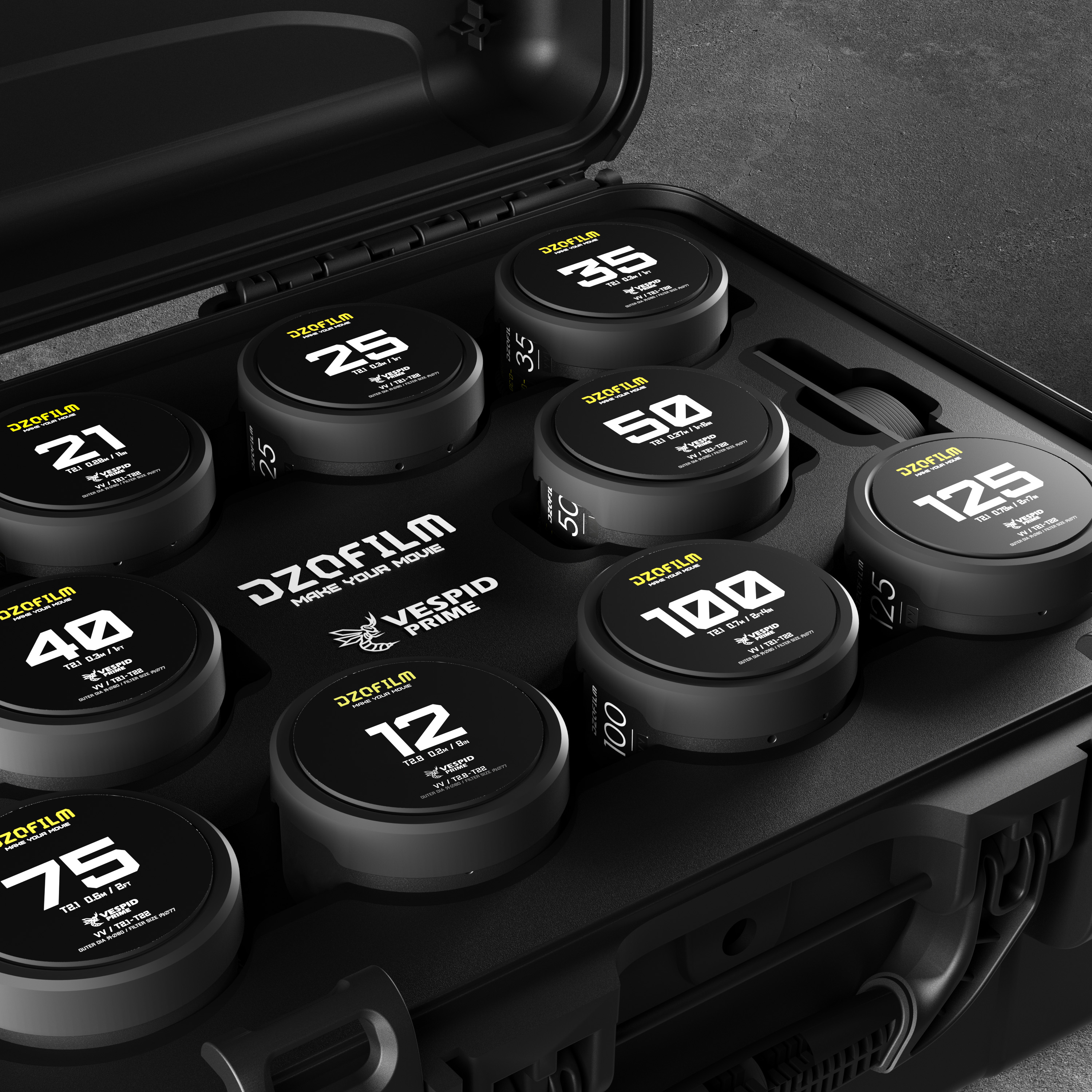 DZOFILM Vespid Prime Cine 10-Lens Kit-- 12/16mm T2.8+21/25/35/40/50/75/100/125mm T2.1 PL+EF mount - 3