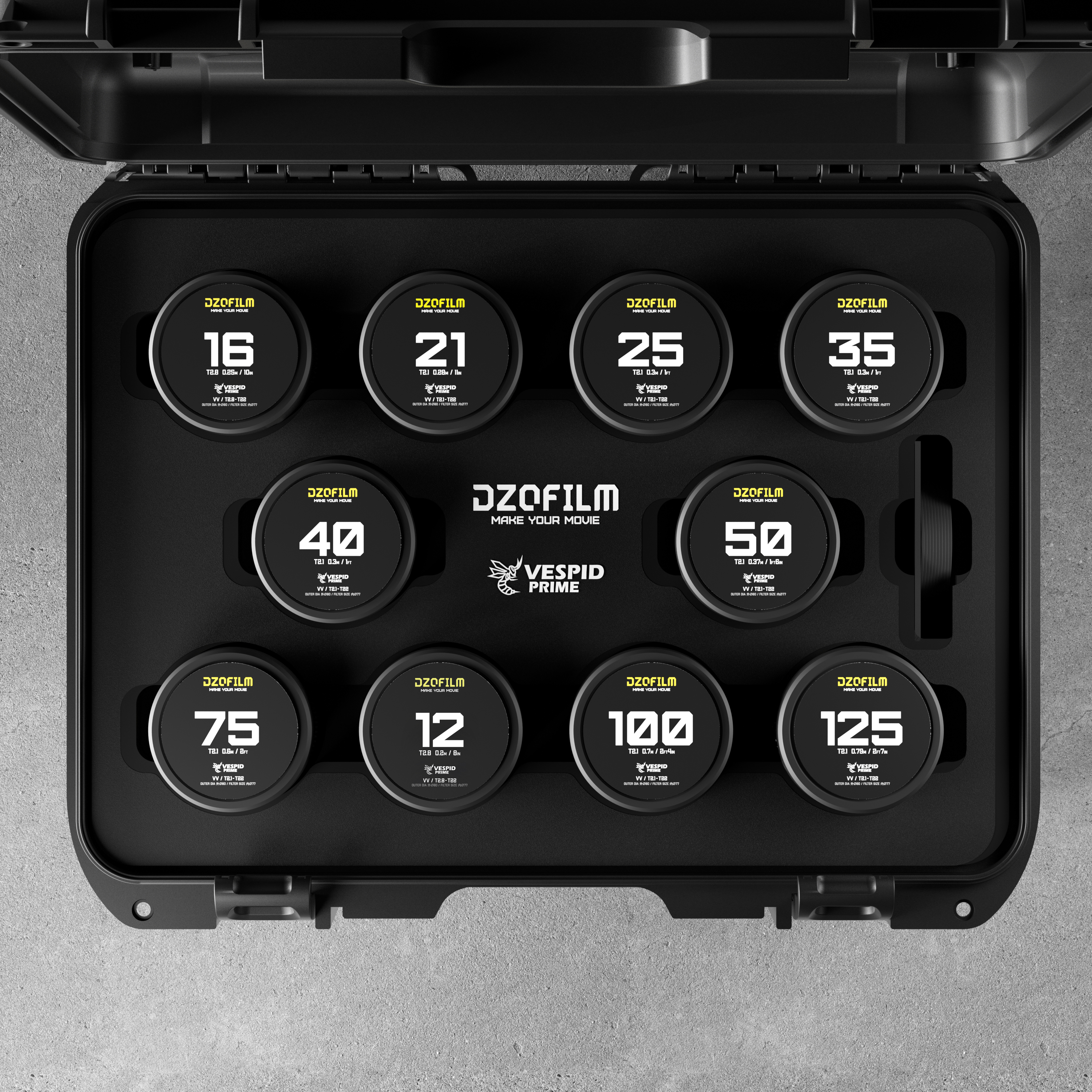 DZOFILM Vespid Prime Cine 10-Lens Kit-- 12/16mm T2.8+21/25/35/40/50/75/100/125mm T2.1 PL+EF mount - 2