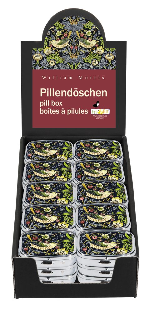 Pilleæsker med spejl, William Morris, Strawberry Thief, Borddisplay med 30 stk.