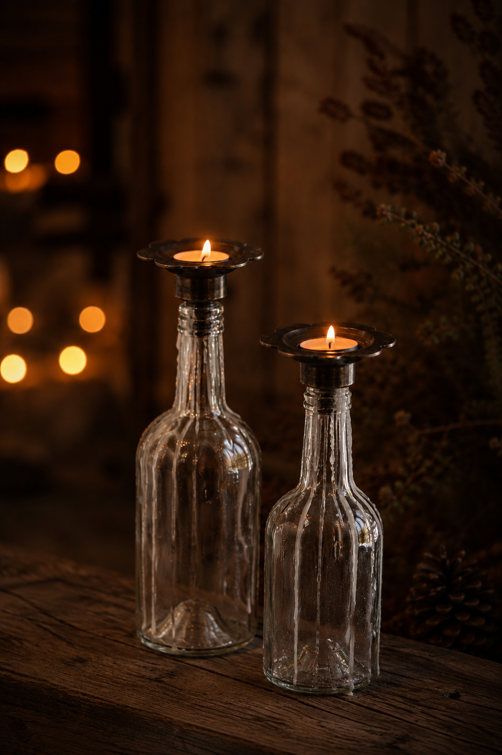 Multi-candle holder for bottle - Crown candle/Block candle/Tealight - Flower - Antique brown - 4