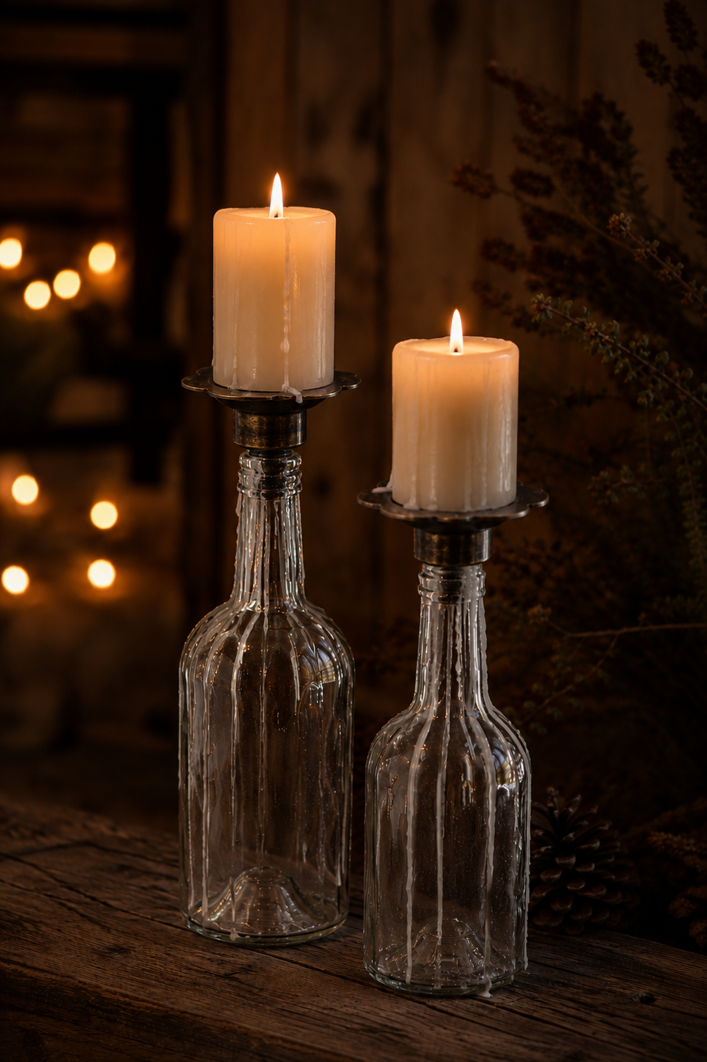 Multi-candle holder for bottle - Crown candle/Block candle/Tealight - Flower - Antique brown - 5
