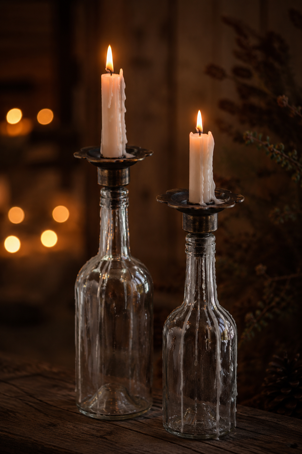 Multi-candle holder for bottle - Crown candle/Block candle/Tealight - Flower - Antique brown