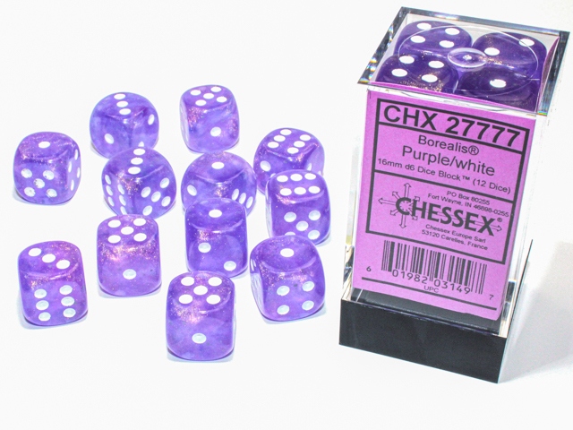 Chessex: Borealis Purple/White Luminary 16mm d6 Dice Block (12 dice)