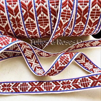 Traditional folk art ribbon 15 mm dark red on unbleached white with a blue and pink stripe 1068-44