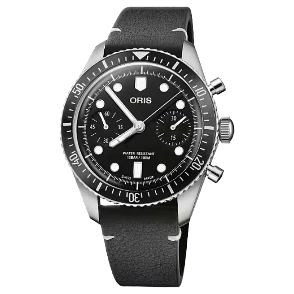 01 771 7791 4054-07 6 20 01Oris Divers Sixty-Five Chronograph 40 svart läder