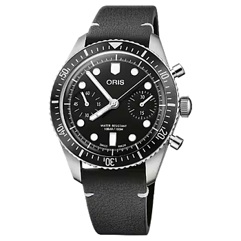 01 771 7791 4054-07 6 20 01Oris Divers Sixty-Five Chronograph 40 svart läder