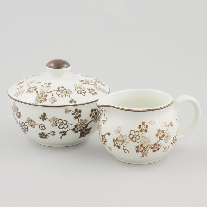 Jackie Lynd (Japonica 1977) Creamer and Sugar Bowl with Brown Flowers