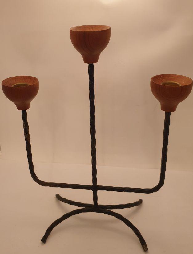 Three-armed candlestick iron teak 1960s
