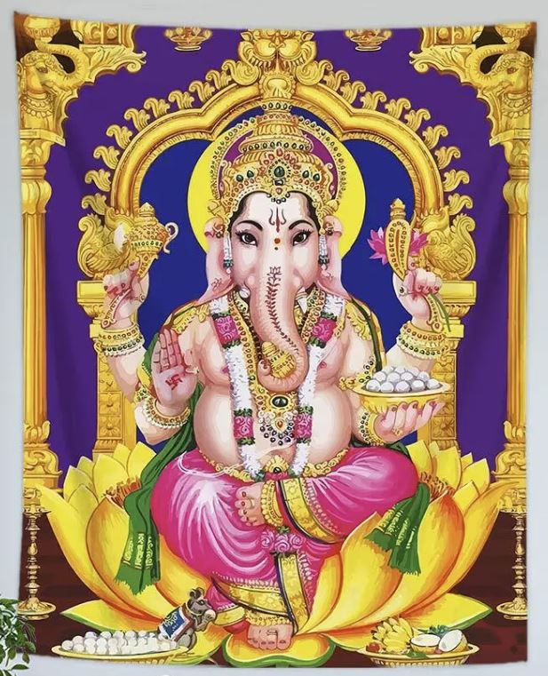 Mini Altarduk  / Väggbonad -  Lila / Gul Ganesha 