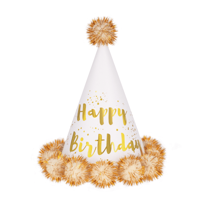 Partyhatt Gräddvit Guld Pompom Happy Birthday  