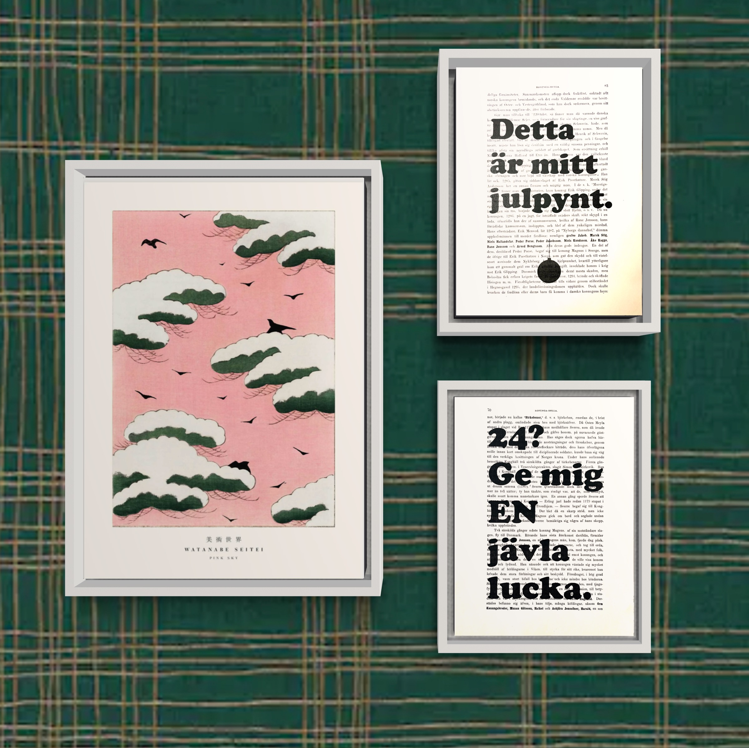 Tavla med texten Detta är mitt julpynt (och en enkel svart kula under.)